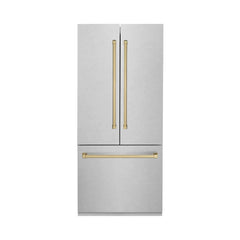 ZLINE 36-Inch Autograph Edition 19.6 cu. ft. Built-in 2-Door Bottom Freezer Refrigerator with Internal Water and Ice Dispenser in DuraSnow Stainless Steel with Champagne Bronze Accents (RBIVZ-SN-36-CB) - The Home Selection