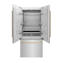 ZLINE 36-Inch Autograph Edition 19.6 cu. ft. Built-in 2-Door Bottom Freezer Refrigerator with Internal Water and Ice Dispenser in DuraSnow Stainless Steel with Champagne Bronze Accents (RBIVZ-SN-36-CB) - The Home Selection