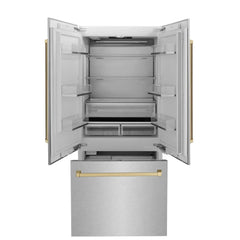 ZLINE 36-Inch Autograph Edition 19.6 cu. ft. Built-in 2-Door Bottom Freezer Refrigerator with Internal Water and Ice Dispenser in DuraSnow Stainless Steel with Champagne Bronze Accents (RBIVZ-SN-36-CB) - The Home Selection