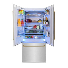 ZLINE 36-Inch Autograph Edition 19.6 cu. ft. Built-in 2-Door Bottom Freezer Refrigerator with Internal Water and Ice Dispenser in DuraSnow Stainless Steel with Champagne Bronze Accents (RBIVZ-SN-36-CB) - The Home Selection