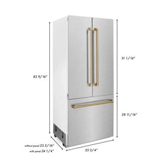 ZLINE 36-Inch Autograph Edition 19.6 cu. ft. Built-in 2-Door Bottom Freezer Refrigerator with Internal Water and Ice Dispenser in DuraSnow Stainless Steel with Champagne Bronze Accents (RBIVZ-SN-36-CB) - The Home Selection