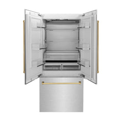 ZLINE 36-Inch Autograph Edition 19.6 cu. ft. Built-in 2-Door Bottom Freezer Refrigerator with Internal Water and Ice Dispenser in Fingerprint Resistant Stainless Steel with Gold Accents (RBIVZ-SN-36-G) - The Home Selection