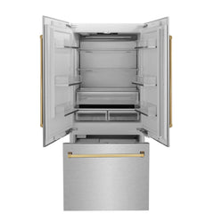 ZLINE 36-Inch Autograph Edition 19.6 cu. ft. Built-in 2-Door Bottom Freezer Refrigerator with Internal Water and Ice Dispenser in Fingerprint Resistant Stainless Steel with Gold Accents (RBIVZ-SN-36-G) - The Home Selection