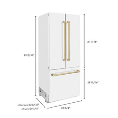 ZLINE 36-Inch Autograph Edition 19.6 cu. ft. Built-in 2-Door Bottom Freezer Refrigerator with Internal Water and Ice Dispenser in White Matte with Champagne Bronze Accents (RBIVZ-WM-36-CB) - The Home Selection
