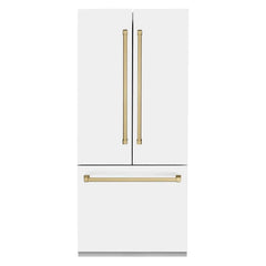 ZLINE 36-Inch Autograph Edition 19.6 cu. ft. Built-in 2-Door Bottom Freezer Refrigerator with Internal Water and Ice Dispenser in White Matte with Champagne Bronze Accents (RBIVZ-WM-36-CB) - The Home Selection