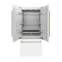 ZLINE 36-Inch Autograph Edition 19.6 cu. ft. Built-in 2-Door Bottom Freezer Refrigerator with Internal Water and Ice Dispenser in White Matte with Champagne Bronze Accents (RBIVZ-WM-36-CB) - The Home Selection