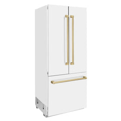 ZLINE 36-Inch Autograph Edition 19.6 cu. ft. Built-in 2-Door Bottom Freezer Refrigerator with Internal Water and Ice Dispenser in White Matte with Champagne Bronze Accents (RBIVZ-WM-36-CB) - The Home Selection