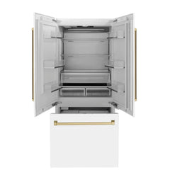 ZLINE 36-Inch Autograph Edition 19.6 cu. ft. Built-in 2-Door Bottom Freezer Refrigerator with Internal Water and Ice Dispenser in White Matte with Champagne Bronze Accents (RBIVZ-WM-36-CB) - The Home Selection