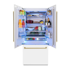 ZLINE 36-Inch Autograph Edition 19.6 cu. ft. Built-in 2-Door Bottom Freezer Refrigerator with Internal Water and Ice Dispenser in White Matte with Champagne Bronze Accents (RBIVZ-WM-36-CB) - The Home Selection
