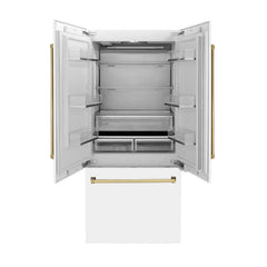 ZLINE 36-Inch Autograph Edition 19.6 cu. ft. Built-in 2-Door Bottom Freezer Refrigerator with Internal Water and Ice Dispenser in White Matte with Gold Accents (RBIVZ-WM-36-G) - The Home Selection