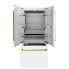 ZLINE 36-Inch Autograph Edition 19.6 cu. ft. Built-in 2-Door Bottom Freezer Refrigerator with Internal Water and Ice Dispenser in White Matte with Gold Accents (RBIVZ-WM-36-G) - The Home Selection