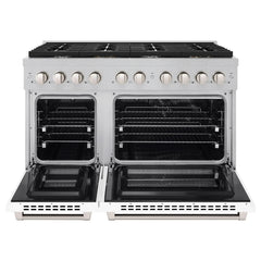 ZLINE 48 in. 6.7 cu. ft. Paramount Double Oven Dual Fuel Range with 8 Burner Gas Cooktop in DuraSnow® Stainless Steel with White Matte Doors - SDRS-WM-48 - The Home Selection