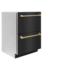 ZLINE Autograph Edition 24 in. Touchstone 168 Can Outdoor-Rated Dual Refrigerator Drawer with Black Stainless Steel Doors - RDSO - The Home Selection