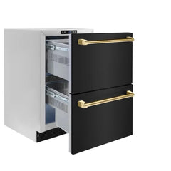 ZLINE Autograph Edition 24 in. Touchstone 168 Can Outdoor-Rated Dual Refrigerator Drawer with Black Stainless Steel Doors - RDSO - The Home Selection