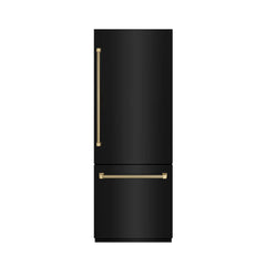 ZLINE Autograph Edition 30 in. 16.1 cu. ft. Built-In Bottom Freezer Refrigerator with Water Dispenser and Ice Maker in Black Stainless Steel with Graphite Gray Interior Helix Handles - GRBIVZ-BS30K - The Home Selection