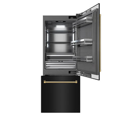 ZLINE Autograph Edition 30 in. 16.1 cu. ft. Built-In Bottom Freezer Refrigerator with Water Dispenser and Ice Maker in Black Stainless Steel with Graphite Gray Interior Helix Handles - GRBIVZ-BS30K - The Home Selection