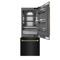 ZLINE Autograph Edition 30 in. 16.1 cu. ft. Built-In Bottom Freezer Refrigerator with Water Dispenser and Ice Maker in Black Stainless Steel with Graphite Gray Interior Helix Handles - GRBIVZ-BS30K - The Home Selection