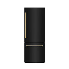 ZLINE Autograph Edition 30 in. 16.1 cu. ft. Built-In Bottom Freezer Refrigerator with Water Dispenser and Ice Maker in Black Stainless Steel with Graphite Gray Interior Helix Handles - GRBIVZ-BS30K - The Home Selection