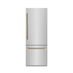 ZLINE Autograph Edition 30 in. 16.1 cu. ft. Built-In Bottom Freezer Refrigerator with Water Dispenser and Ice Maker in Stainless Steel with Graphite Gray Interior Helix Handles - GRBIVZ-30430K - The Home Selection