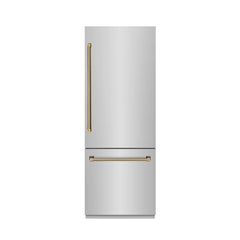 ZLINE Autograph Edition 30 in. 16.1 cu. ft. Built-In Bottom Freezer Refrigerator with Water Dispenser and Ice Maker in Stainless Steel with Graphite Gray Interior Helix Handles - GRBIVZ-30430K - The Home Selection