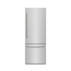 ZLINE Autograph Edition 30 in. 16.1 cu. ft. Built-In Bottom Freezer Refrigerator with Water Dispenser and Ice Maker in Stainless Steel with Graphite Gray Interior Helix Handles - GRBIVZ-30430K - The Home Selection