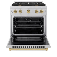 ZLINE Autograph Edition 30 in. 4.2 cu. ft. Paramount Dual Fuel Range with 4 Burner Gas Cooktop and Electric Convection Oven in DuraSnow® Stainless Steel with Accents - SDRSZ-30 - The Home Selection