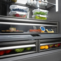 ZLINE Autograph Edition 36 in. 19.6 cu. ft. French Door Built-In Bottom Freezer Refrigerator with Water Dispenser and Ice Maker in Black Stainless Steel with Graphite Gray Interior - GRBIVZ-BS-36 - The Home Selection