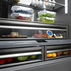 ZLINE Autograph Edition 36 in. 19.6 cu. ft. French Door Built-In Bottom Freezer Refrigerator with Water Dispenser and Ice Maker in Black Stainless Steel with Graphite Gray Interior Helix Handles - GRBIVZ-BS36K - The Home Selection