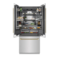 ZLINE Autograph Edition 36 in. 19.6 cu. ft. French Door Built-In Bottom Freezer Refrigerator with Water Dispenser and Ice Maker in Stainless Steel with Graphite Gray Interior and Helix Handles - GRBIVZ-30436K - The Home Selection