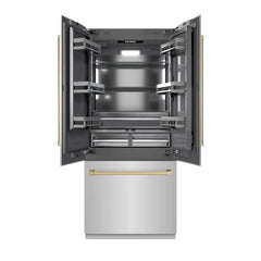 ZLINE Autograph Edition 36 in. 19.6 cu. ft. French Door Built-In Bottom Freezer Refrigerator with Water Dispenser and Ice Maker in Stainless Steel with Graphite Gray Interior - GRBIVZ-304-36 - The Home Selection