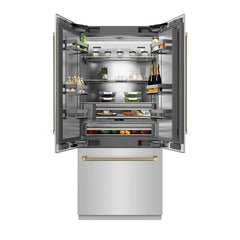 ZLINE Autograph Edition 36 in. 19.6 cu. ft. French Door Built-In Bottom Freezer Refrigerator with Water Dispenser and Ice Maker in Stainless Steel with Stainless Steel Interior and Helix Handles - SRBIVZ-30436K - The Home Selection