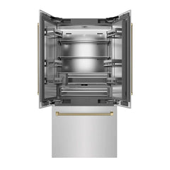 ZLINE Autograph Edition 36 in. 19.6 cu. ft. French Door Built-In Bottom Freezer Refrigerator with Water Dispenser and Ice Maker in Stainless Steel with Stainless Steel Interior and Helix Handles - SRBIVZ-30436K - The Home Selection