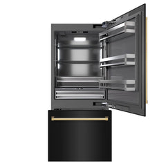 ZLINE Autograph Edition 36 in. 19.8 cu. ft. Built-In Bottom Freezer Refrigerator with Water Dispenser and Ice Maker in Black Stainless Steel with Graphite Gray Interior and Polished Gold Accents - GRBITZ-BS-36 - The Home Selection