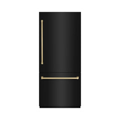 ZLINE Autograph Edition 36 in. 19.8 cu. ft. Built-In Bottom Freezer Refrigerator with Water Dispenser and Ice Maker in Black Stainless Steel with Graphite Gray Interior and Polished Gold Accents - GRBITZ-BS-36 - The Home Selection