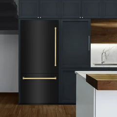 ZLINE Autograph Edition 36 in. 19.8 cu. ft. Built-In Bottom Freezer Refrigerator with Water Dispenser and Ice Maker in Black Stainless Steel with Graphite Gray Interior and Polished Gold Accents - GRBITZ-BS-36 - The Home Selection