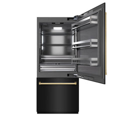 ZLINE Autograph Edition 36 in. 19.8 cu. ft. Built-In Bottom Freezer Refrigerator with Water Dispenser and Ice Maker in Black Stainless Steel with Graphite Gray Interior and Polished Gold Accents - GRBITZ-BS-36 - The Home Selection