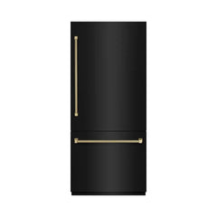 ZLINE Autograph Edition 36 in. 19.8 cu. ft. Built-In Bottom Freezer Refrigerator with Water Dispenser and Ice Maker in Black Stainless Steel with Graphite Gray Interior Helix Handles - GRBITZ-BS36-K - The Home Selection