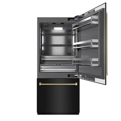 ZLINE Autograph Edition 36 in. 19.8 cu. ft. Built-In Bottom Freezer Refrigerator with Water Dispenser and Ice Maker in Black Stainless Steel with Graphite Gray Interior Helix Handles - GRBITZ-BS36-K - The Home Selection