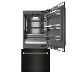 ZLINE Autograph Edition 36 in. 19.8 cu. ft. Built-In Bottom Freezer Refrigerator with Water Dispenser and Ice Maker in Black Stainless Steel with Graphite Gray Interior Helix Handles - GRBITZ-BS36-K - The Home Selection