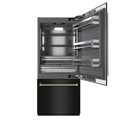 ZLINE Autograph Edition 36 in. 19.8 cu. ft. Built-In Bottom Freezer Refrigerator with Water Dispenser and Ice Maker in Black Stainless Steel with Graphite Gray Interior Helix Handles - GRBITZ-BS36-K - The Home Selection
