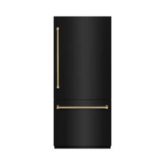 ZLINE Autograph Edition 36 in. 19.8 cu. ft. Built-In Bottom Freezer Refrigerator with Water Dispenser and Ice Maker in Black Stainless Steel with Graphite Gray Interior Helix Handles - GRBITZ-BS36-K - The Home Selection