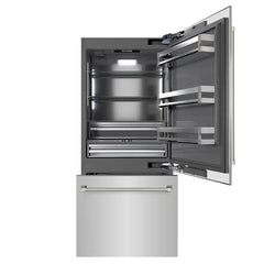 ZLINE Autograph Edition 36 in. 19.8 cu. ft. Built-In Bottom Freezer Refrigerator with Water Dispenser and Ice Maker in Stainless Steel with Graphite Gray Interior Helix Handles- GRBITZ - The Home Selection