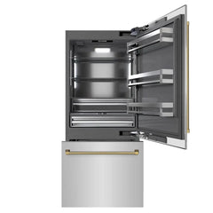 ZLINE Autograph Edition 36 in. 19.8 cu. ft. Built-In Bottom Freezer Refrigerator with Water Dispenser and Ice Maker in Stainless Steel with Graphite Gray Interior Helix Handles- GRBITZ - The Home Selection