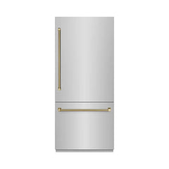 ZLINE Autograph Edition 36 in. 19.8 cu. ft. Built-In Bottom Freezer Refrigerator with Water Dispenser and Ice Maker in Stainless Steel with Graphite Gray Interior Helix Handles- GRBITZ - The Home Selection
