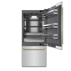 ZLINE Autograph Edition 36 in. 19.8 cu. ft. Built-In Bottom Freezer Refrigerator with Water Dispenser and Ice Maker in Stainless Steel with Graphite Gray Interior Helix Handles- GRBITZ - The Home Selection