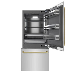 ZLINE Autograph Edition 36 in. 19.8 cu. ft. Built-In Bottom Freezer Refrigerator with Water Dispenser and Ice Maker in Stainless Steel with Graphite Gray Interior Helix Handles- GRBITZ - The Home Selection