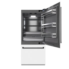ZLINE Autograph Edition 36 in. 19.8 cu. ft. Built-In Bottom Freezer Refrigerator with Water Dispenser and Ice Maker in White Matte with Graphite Gray Interior - GRBITZ-WM-36 - The Home Selection