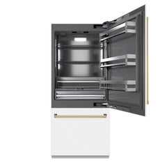 ZLINE Autograph Edition 36 in. 19.8 cu. ft. Built-In Bottom Freezer Refrigerator with Water Dispenser and Ice Maker in White Matte with Graphite Gray Interior - GRBITZ-WM-36 - The Home Selection