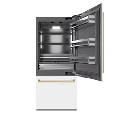 ZLINE Autograph Edition 36 in. 19.8 cu. ft. Built-In Bottom Freezer Refrigerator with Water Dispenser and Ice Maker in White Matte with Graphite Gray Interior - GRBITZ-WM-36 - The Home Selection