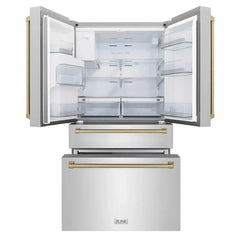 ZLINE Autograph Edition 36 in. 21.6 cu. ft. Counter-Depth French Door Refrigerator with Water and Ice Dispenser in Fingerprint-Resistant Stainless Steel with Champagne Bronze Traditional Handles - RFMZ-W-36-CB - The Home Selection
